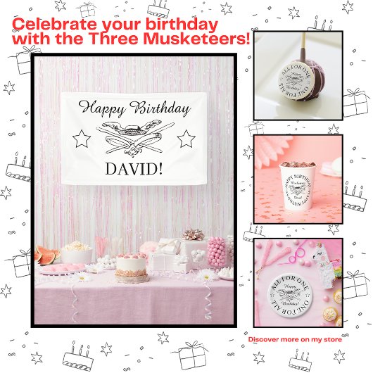 Die drei Musketiere freuen sich über das Party zum Banner