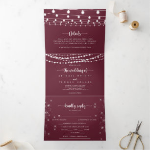 Die dreifacher Hochzeit von Burgundy String Lights Dreifach Gefaltete Einladung