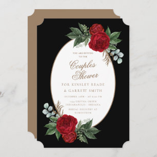Die Dusche des eleganten Black & Gold Red Floral C Einladung