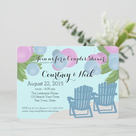 Die Dusche von Beach Lanterns Couple Einladung (Stehend Vorderseite)