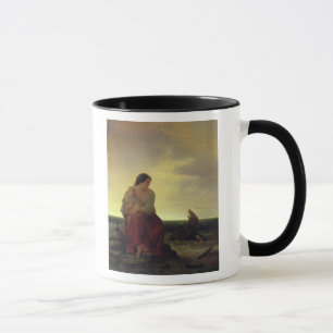 Die Ehefrau des Fischers, die auf dem Strand Tasse