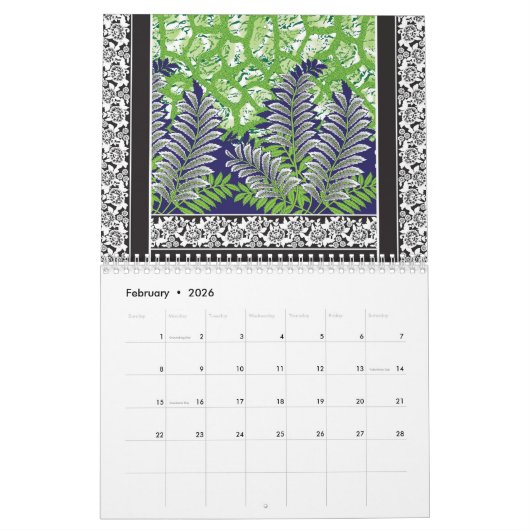 Die Einrichtung ist grün und lila. Kalender (Feb 2026)