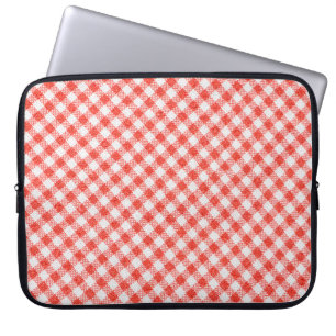 Die Einrichtung ist in Rot und Weiß gestreift, das Laptopschutzhülle