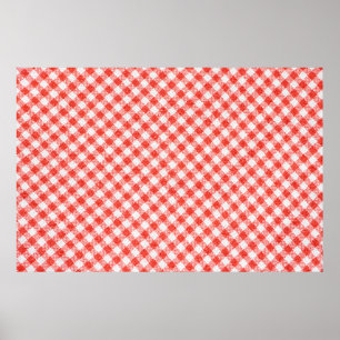 Die Einrichtung ist in Rot und Weiß gestreift, das Poster
