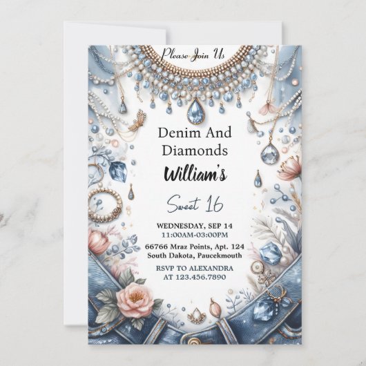 Die eleganten Gem Bling Denim und Diamonds Sweet 1 Einladung (Vorderseite)