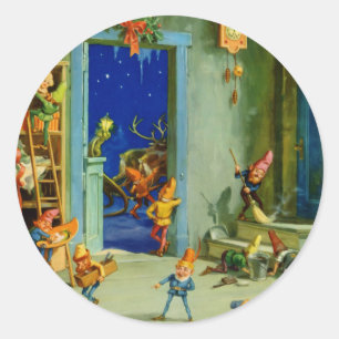 Die Elfen des Weihnachtsmannes in seiner Werkstatt Runder Aufkleber