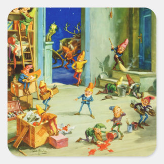 Die Elfen des Weihnachtsmanns sind in seinem Works Quadratischer Aufkleber
