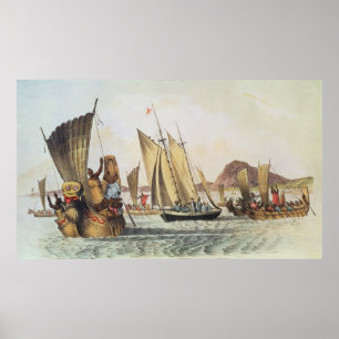 Die Engländer, die an Land in der Südsee empfangen Poster