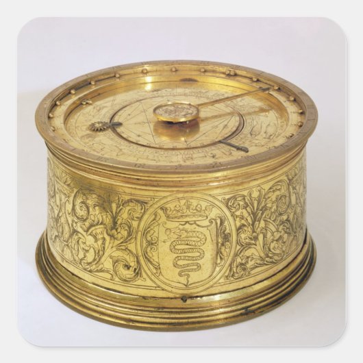 Die erste feder-getriebene Uhr mit Sicherung, 1525 Quadratischer Aufkleber (Vorderseite)