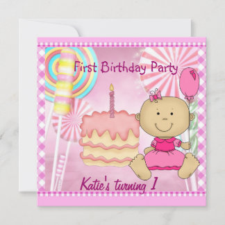 Die erste Geburtstagsparty Kindermädchen Pink Cake Einladung