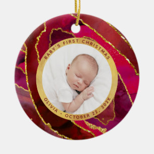 Die erste Weihnacht des Babys   Rotes und Goldgeod Keramik Ornament