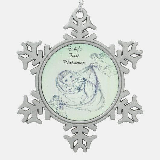 Die erste Weihnacht des Babys Schneeflocken Zinn-Ornament (Vorderseite)
