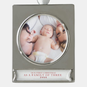 Die erste Weihnachtsfamilie aus drei Fotos Banner-Ornament Silber
