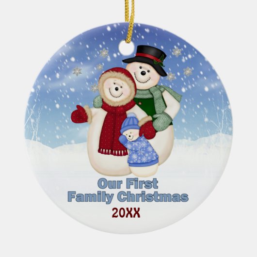 Die erste Weihnachtsfamilie Blue Frosty Snowman Keramik Ornament (Vorne)