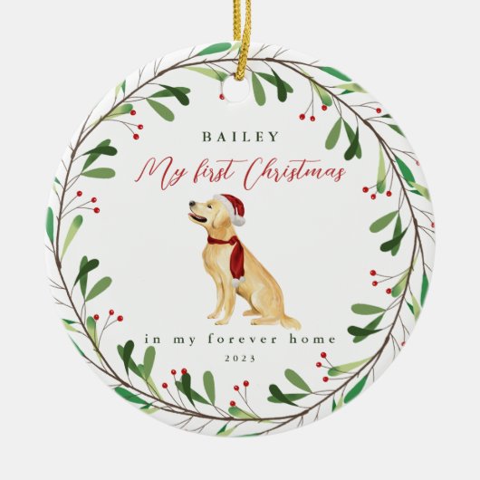 Die ersten Weihnachten des süßen Hundes mit Namen Keramik Ornament (Vorne)