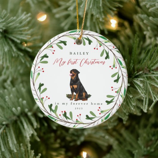 Die ersten Weihnachten des süßen Hundes mit Namen  Keramik Ornament (Baum)