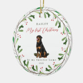 Die ersten Weihnachten des süßen Hundes mit Namen  Keramik Ornament (Links)