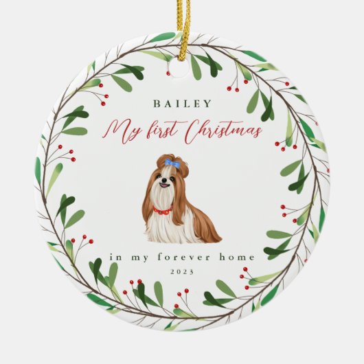 Die ersten Weihnachten des süßen Hundes mit Namen  Keramik Ornament (Vorne)
