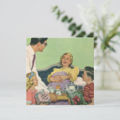 Die Familie Retro serviert Mama Frühstück im Bett Einladung (Stehend Vorderseite)