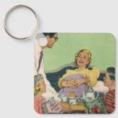 Die Familie Retro serviert Mama Frühstück im Bett Schlüsselanhänger (Vorderseite)