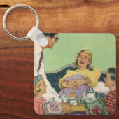 Die Familie Retro serviert Mama Frühstück im Bett Schlüsselanhänger (Vorderseite)