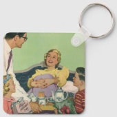 Die Familie Retro serviert Mama Frühstück im Bett Schlüsselanhänger (Rückseite)