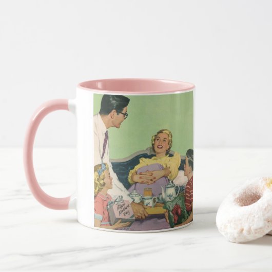 Die Familie Retro serviert Mama Frühstück im Bett Tasse (Mit Donut)
