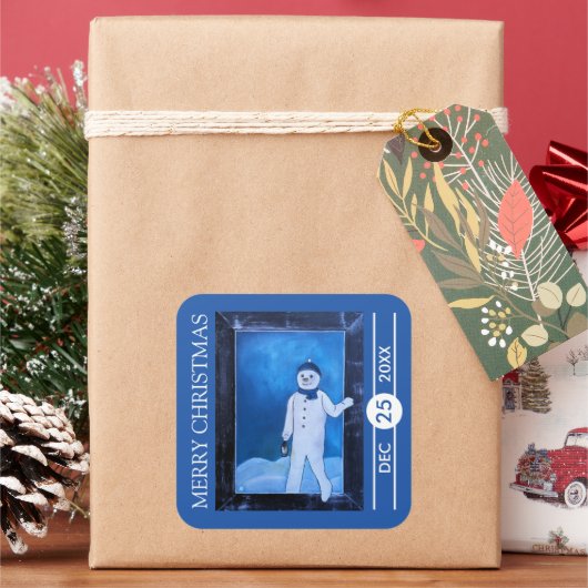 Die Flucht des Schneemanns Weihnachten Quadratischer Aufkleber (Feiertag)