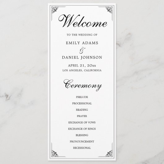 Die formelle, elegante Schwarz-Weiß-Hochzeit Programm (Vorderseite)