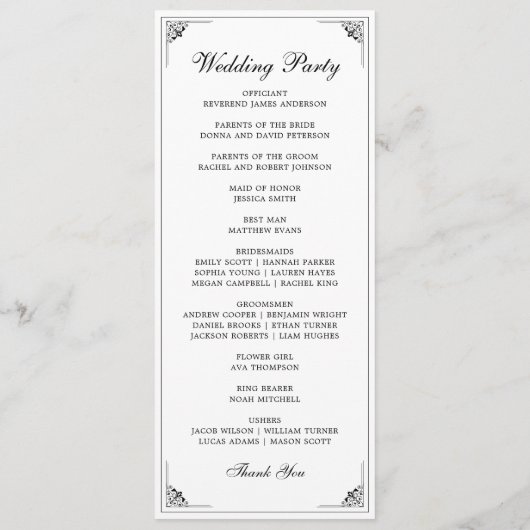 Die formelle, elegante Schwarz-Weiß-Hochzeit Programm (Rückseite)