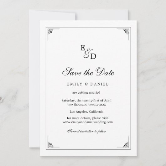Die formelle, elegante Schwarz-Weiß-Hochzeit Save The Date (Vorderseite)