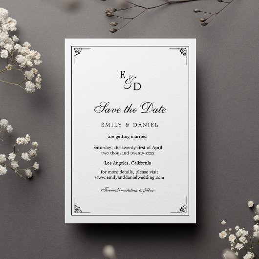 Die formelle, elegante Schwarz-Weiß-Hochzeit Save The Date
