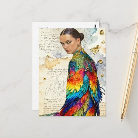 Die Frau im Vogelfrauenkleid Postkarte (Vorderseite/Rückseite Beispiel)