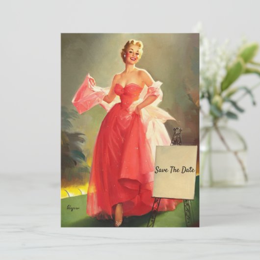 Die Frau in einem rosa Ballgown Save the Date Karte (Stehend Vorderseite)