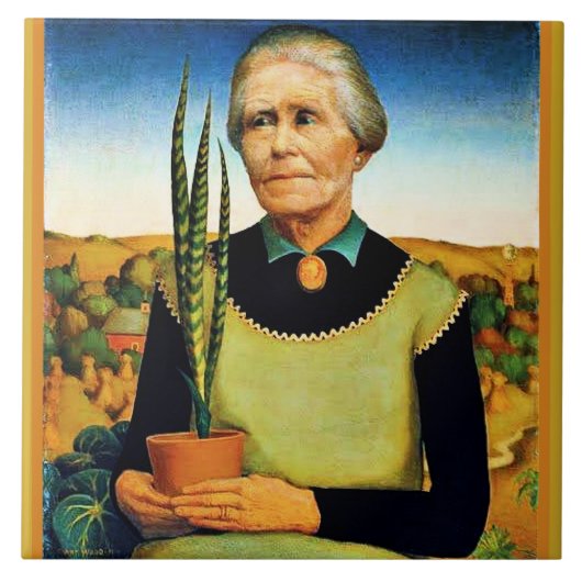 Die Frau mit Pflanze von Grant Wood Fliese (Vorderseite)