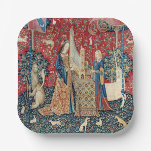 Die Frau und das Einhorn, hörend Pappteller