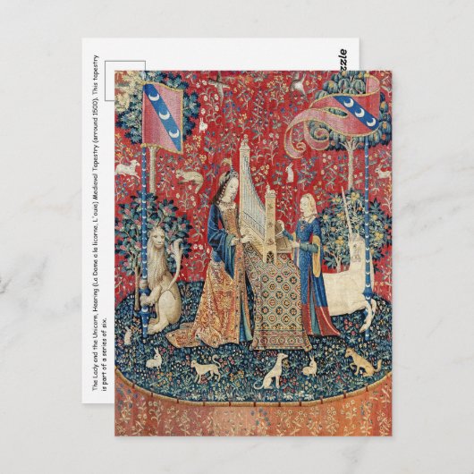 Die Frau und das Einhorn, hörend Postkarte (Vorne/Hinten)