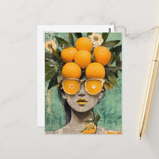 Die Frau und die Orangen-Collage Postkarte (Vorderseite/Rückseite Beispiel)