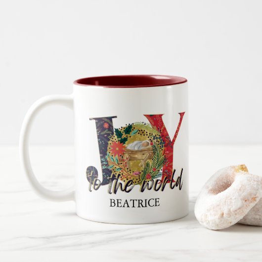 Die Freude an Weihnachten der Weltkrippe Zweifarbige Tasse (Mit Donut)