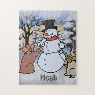 Die Freundschaft zwischen Schneemann, Hund und Kat Puzzle
