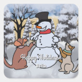 Die Freundschaft zwischen Schneemann, Hund und Kat Quadratischer Aufkleber (Vorderseite)