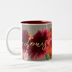 Die fröhliche Gerbera Blume + Individuelle Name Zweifarbige Tasse