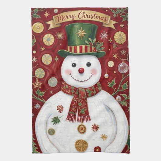 Die fröhliche Schneemann-Rot-Weihnachtsfeier Geschirrtuch (Vertikal)