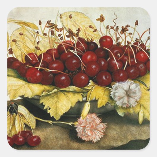 DIE FRÜCHTE DER SAISON UND DIE KARNATIONEN SIND LE QUADRATISCHER AUFKLEBER (Vorderseite)