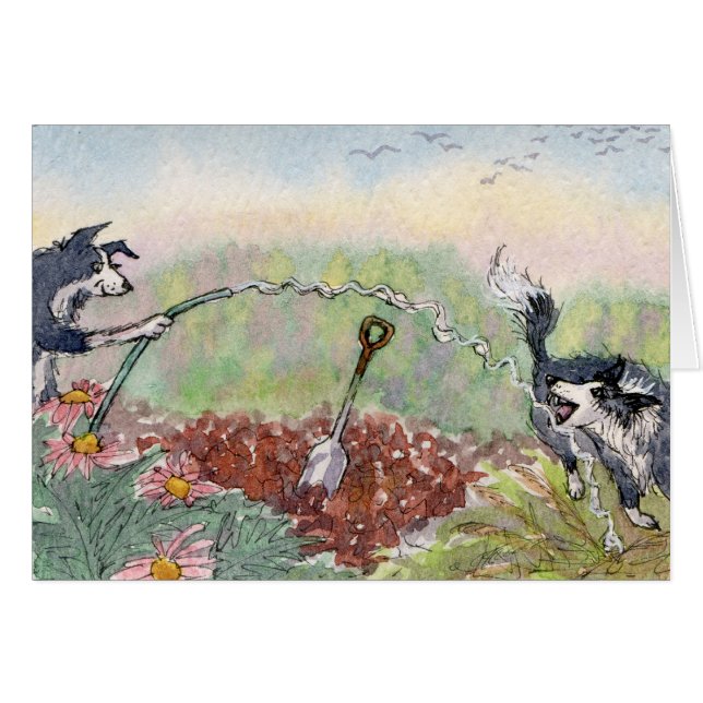 Die Gartenarbeit ist Spaß! Hunde, Schläuche, (Vorderseite (Horizontal))