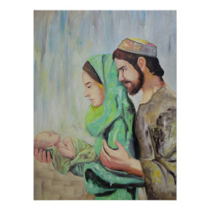 Die Geburt: Heilige Familie mit neugeborenem Jesus Poster