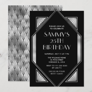 Die Geburtstagsparty von Silver und Black Art Deco Einladung