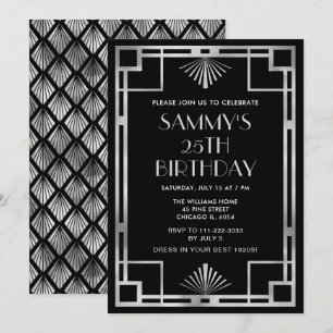 Die Geburtstagsparty von Silver und Black Art Deco Einladung