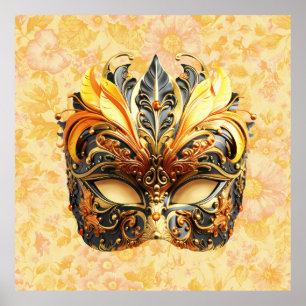 Die gelbe Federmaske im Blumenmuster Poster