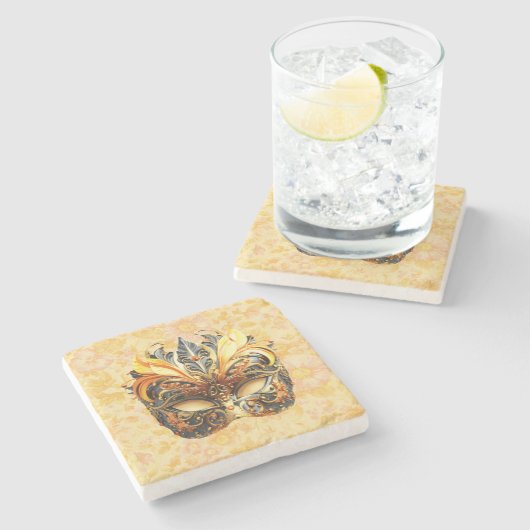 Die gelbe Federmaske im Blumenmuster Steinuntersetzer (Seitenansicht)